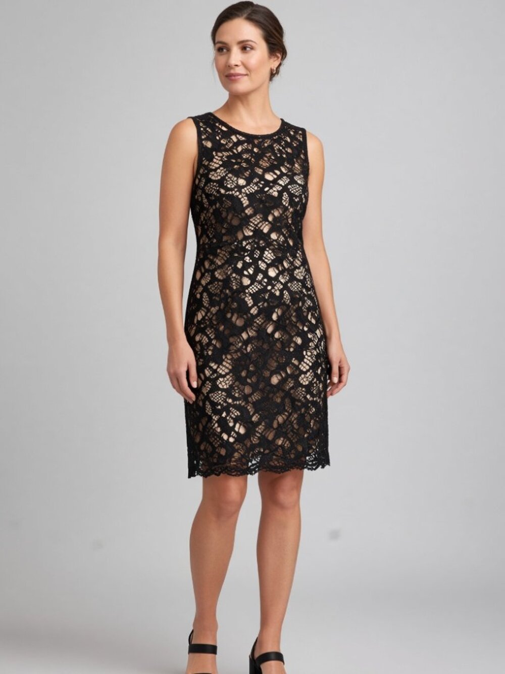 Dress Barn Collection Nude Sheath Midi Dress with Black Lace and Cap Sleeves
